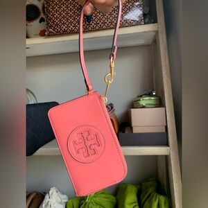 Tory Burch Ella Bio Zip card case Coral Wristlet